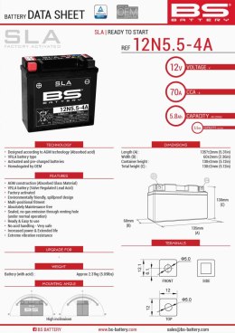 BS AKUMULATOR 12N5,5-4A FA 12V 5,5AH 138X61X131 BEZOBSŁUGOWY -ZALANY 70A 6