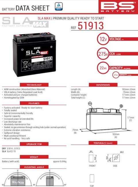 BS AKUMULATOR 51913 MAX 12V 21AH 183X79X171 BS AKUMULATOR 51913 MAX 12V 21AH 183X79X171