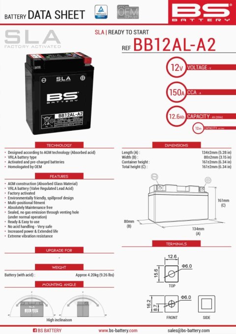 BS AKUMULATOR BB12AL-A2 12V 12AH 135X81X161