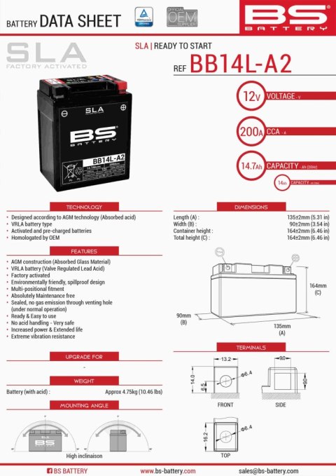 BS AKUMULATOR BB14L-A2 12V 14AH 135X91X167