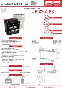BS AKUMULATOR BIX30L-BS YTX30L-BS 12V 30AH 165X125X175 BEZOBSŁUGOWY -ELEKTR