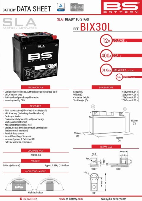 BS AKUMULATOR BIX30L 12V 30AH 166X125X175 BEZOBSŁUGOWY - ZALANY