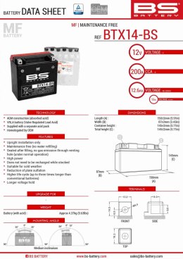 BS AKUMULATOR BTX14-BS YTX14-BS 12V 12AH 150X87X145 BEZOBSŁUGOWY -ELEKTROLI