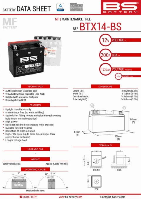 BS AKUMULATOR BTX14-BS YTX14-BS 12V 12AH 150X87X145 BEZOBSŁUGOWY -ELEKTROLI