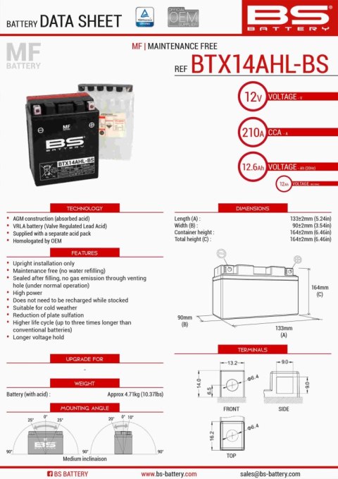 BS AKUMULATOR BTX14AHL-BS YTX14AHL-BS 133X90X164 12V 12AH BEZOBSŁUGOWY -ELE