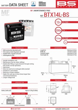 BS AKUMULATOR BTX14L-BS YTX14L-BS 150X87X145 BEZOBSŁUGOWY-ELEKTROLIT OSOBNO 4 UE2019 1148