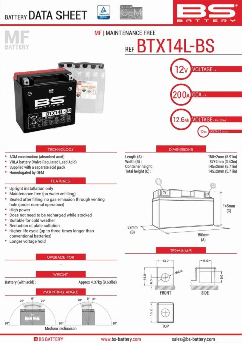 BS AKUMULATOR BTX14L-BS YTX14L-BS 150X87X145 BEZOBSŁUGOWY-ELEKTROLIT OSOBNO 4 UE2019 1148