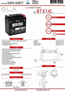 BS AKUMULATOR BTX14L 12V 12AH 150X87X145 BEZOBSŁUGOWY - ZALANY
