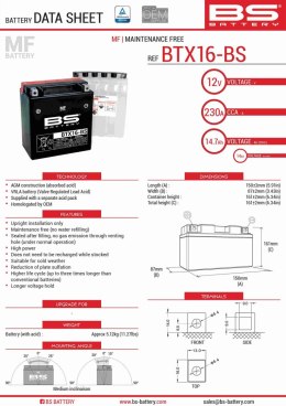 BS AKUMULATOR BTX16-BS YTX16-BS 12V 14AH 152X88X161 BEZOBSŁUGOWY -ELEKTROLI