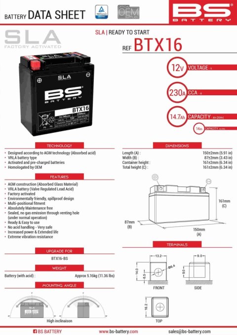 BS AKUMULATOR BTX16 12V 14AH 152X88X161