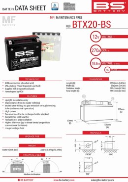 BS AKUMULATOR BTX20-BS YTX20-BS 175X87X155 BEZOBSŁUGOWY-ELEKTROLIT OSOBNO 270A 2 UE2019 1148