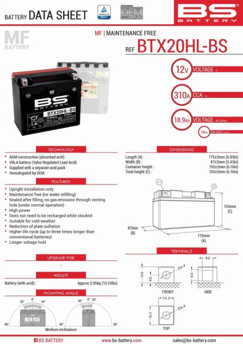 BS AKUMULATOR BTX20HL-BS YTX20HL-BS 175X87X155 BEZOBSŁUGOWY-ELEKTROLIT OSOBNO 310A 2 UE2019 1148 BS AKUMULATOR BTX20HL-BS YTX20HL-BS 175X87X155 BEZOBSŁUGOWY-ELEKTROLIT OSOBNO 310A 2 UE2019 1148