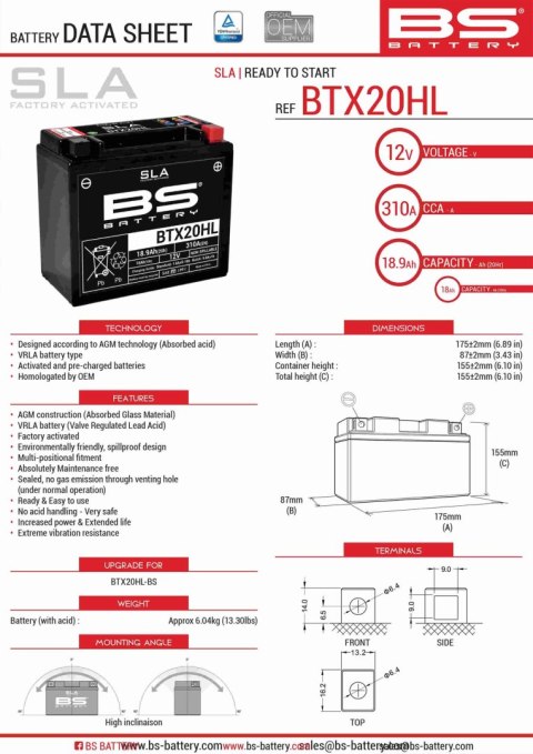 BS AKUMULATOR BTX20HL 12V 18AH 175X87X155