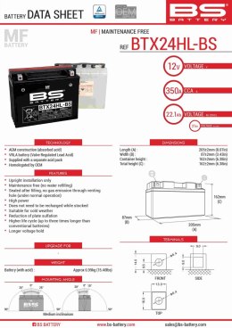 BS AKUMULATOR BTX24HL-BS YTX24HL-BS 12V 21AH 205X87X162 BEZOBSŁUGOWY -ELEKT