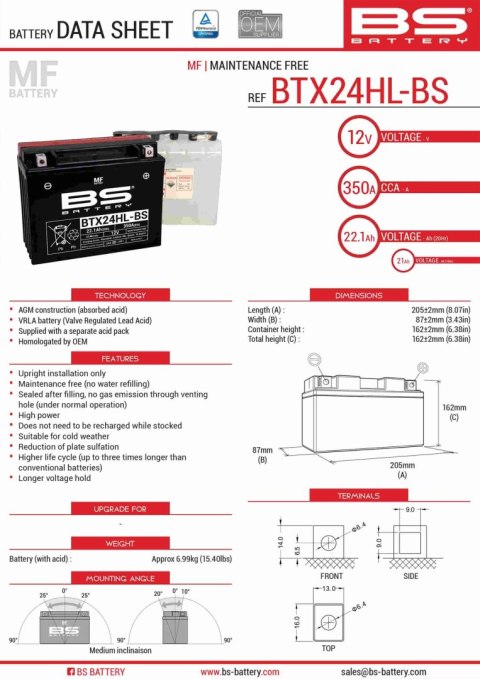 BS AKUMULATOR BTX24HL-BS YTX24HL-BS 12V 21AH 205X87X162 BEZOBSŁUGOWY -ELEKT