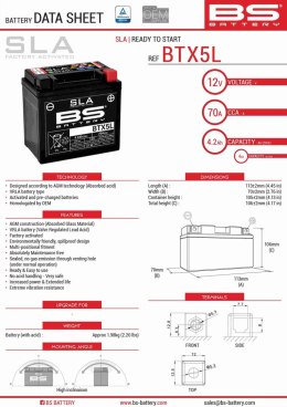 BS AKUMULATOR SLA BTX5L BTZ6S 12V 5.3 AH 113X70X106 BEZOBSŁUGOWY - ZALANY