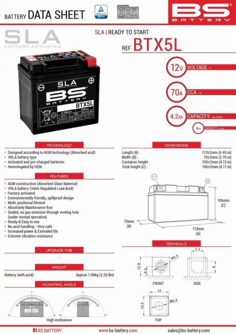 BS AKUMULATOR SLA BTX5L BTZ6S 12V 5.3 AH 113X70X106 BEZOBSŁUGOWY - ZALANY
