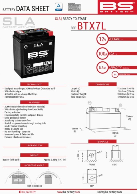 BS AKUMULATOR BTX7L 12V 6AH 113X70X130 BS AKUMULATOR BTX7L 12V 6AH 113X70X130