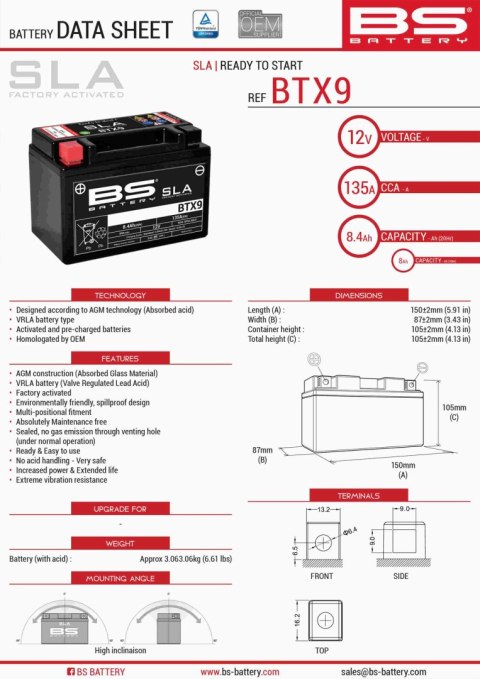 BS AKUMULATOR BTX9 152X88X106 12V 8AH