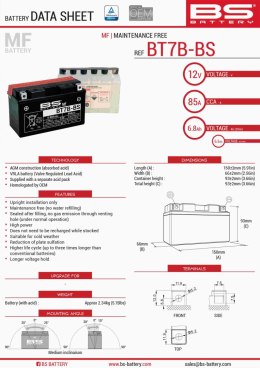 BS AKUMULATOR BT7B-BS YT7B-BS 12V 6, 5AH 150X65X93 BEZOBSŁUGOWY-ELEKTROLIT OSOBNO 85A 8 UE2019 1148