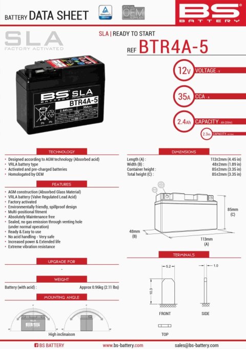BS AKUMULATOR BTR4A-5 12V 2,3AH 113X48X85X BEZOBSŁUGOWY - ZALANY