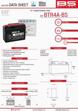 BS AKUMULATOR BTR4A-BS YTR4A-BS 12V 2,3AH 113X38X85 BEZOBSŁUGOWY -ELEKTROLI