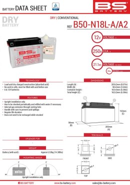BS AKUMULATOR B50-N18L-A/A2 Y50-N18L-A/A2 12V 20AH 205X90X162 OBSŁUGOWY -EL