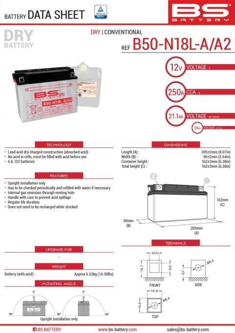 BS AKUMULATOR B50-N18L-A/A2 Y50-N18L-A/A2 12V 20AH 205X90X162 OBSŁUGOWY -EL BS AKUMULATOR B50-N18L-A/A2 Y50-N18L-A/A2 12V 20AH 205X90X162 OBSŁUGOWY -EL