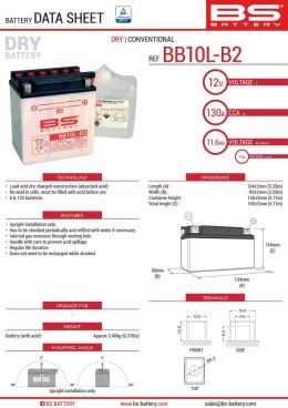BS AKUMULATOR BB10L-B2 YB10L-B2 12V 11AH 134X89X145 OBSŁUGOWY -ELEKTROLIT O