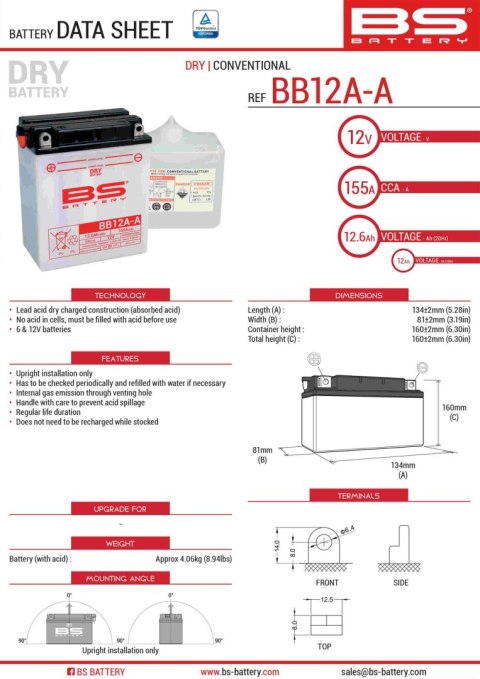 BS AKUMULATOR BB12A-A YB12A-A 12V 12AH 134X81X160 OBSŁUGOWY-ELEKTROLIT OSOBNO 155A 4 UE2019 1148