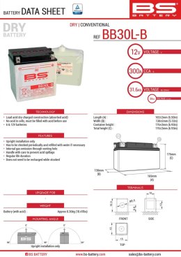 BS AKUMULATOR BB30L-B YB30L-B 12V 30AH 168X132X176 OBSŁUGOWY -ELEKTROLIT OS