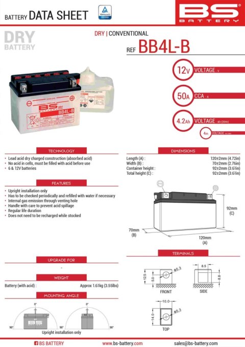 BS AKUMULATOR BB4L-B 12V 4AH 121X71X93Y BS AKUMULATOR BB4L-B 12V 4AH 121X71X93Y
