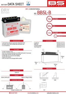 BS AKUMULATOR BB5L-B YB5L-B 12N5-3B 12V 5AH 120X60X130 OBSŁUGOWY -ELEKTROLI