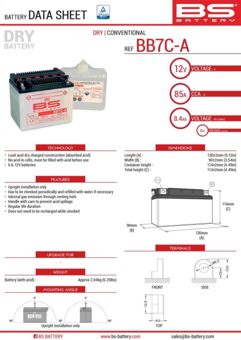 BS AKUMULATOR BB7C-A 130X90X114 OBSŁUGOWY - ELEKTROLIT OSOBNO UE2019/1148