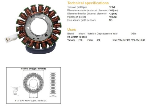 DZE UZWOJENIE ALTERNATORA STATOR YAMAHA FZ6 FAZER '04-'09 (OEM 5VX-81410-00)