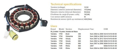 DZE UZWOJENIE ALTERNATORA STATOR YAMAHA YFM 350 BRUIN '04-'06; YFM 350 WOLVERINE '07-'09; YFM 350 GRIZZLY '07-'12; YFM 660 GRYZZ