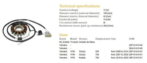 DZE UZWOJENIE ALTERNATORA STATOR YAMAHA YFM 550 GRIZZLY '09-'14; YFM 700 GRIZZLY '07-'20; YFM 700 KODIAK '19-'20 (OEM 28P-81410-