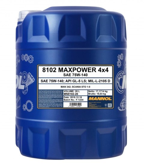 MANNOL MAXPOWER 4X4 75W140 API GL5 - OLEJ PRZEKŁADNIOWY SYNTETYCZNY 20L