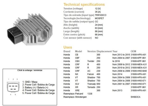 DZE REGULATOR NAPIĘCIA HONDA CB 300 '13-'15; CBF 250 '04-'07; CRF 250/450R '09-'12; VT 700 SHADOW '04-'09; VT 750 SHADOW '04-'09 DZE REGULATOR NAPIĘCIA HONDA CB 300 '13-'15; CBF 250 '04-'07; CRF 250/450R '09-'12; VT 700 SHADOW '04-'09; VT 750 SHADOW '04-'09