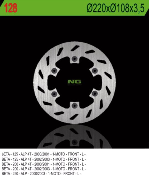 NG TARCZA HAMULCOWA PRZÓD BETA 125/200/250 ALP 00-03 220X108X3,5 6X6,5 MM NG TARCZA HAMULCOWA PRZÓD BETA 125/200/250 ALP 00-03 220X108X3,5 6X6,5 MM