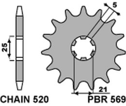 PBR ZĘBATKA PRZEDNIA 569 15 KAWASAKI KX 250 '87-'98, YAMAHA YZ 250 '77-'98