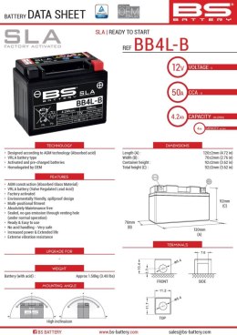 BS AKUMULATOR BB4L-B FA YB4L-B 12V 4AH 120X70X92 BEZOBSŁUGOWY -ZALANY 50A 8