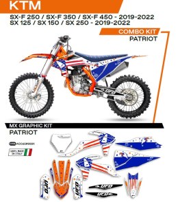 UFO KOMPLET NAKLEJEK (OKLEIN) KTM SX/SXF 125/150/250/350/450 '19-'22 PATRIOT KOLOR OEM (BIAŁY/NIEBIESKI) -