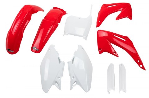 UFO KOMPLET PLASTIKÓW (FULL KIT) Z OSŁONAMI TELESKOPÓW (AMORTYZATORÓW) HONDA CR 125/250 '02-'03 KOLOR OEM (CZERWONY/BIAŁY) (HO10